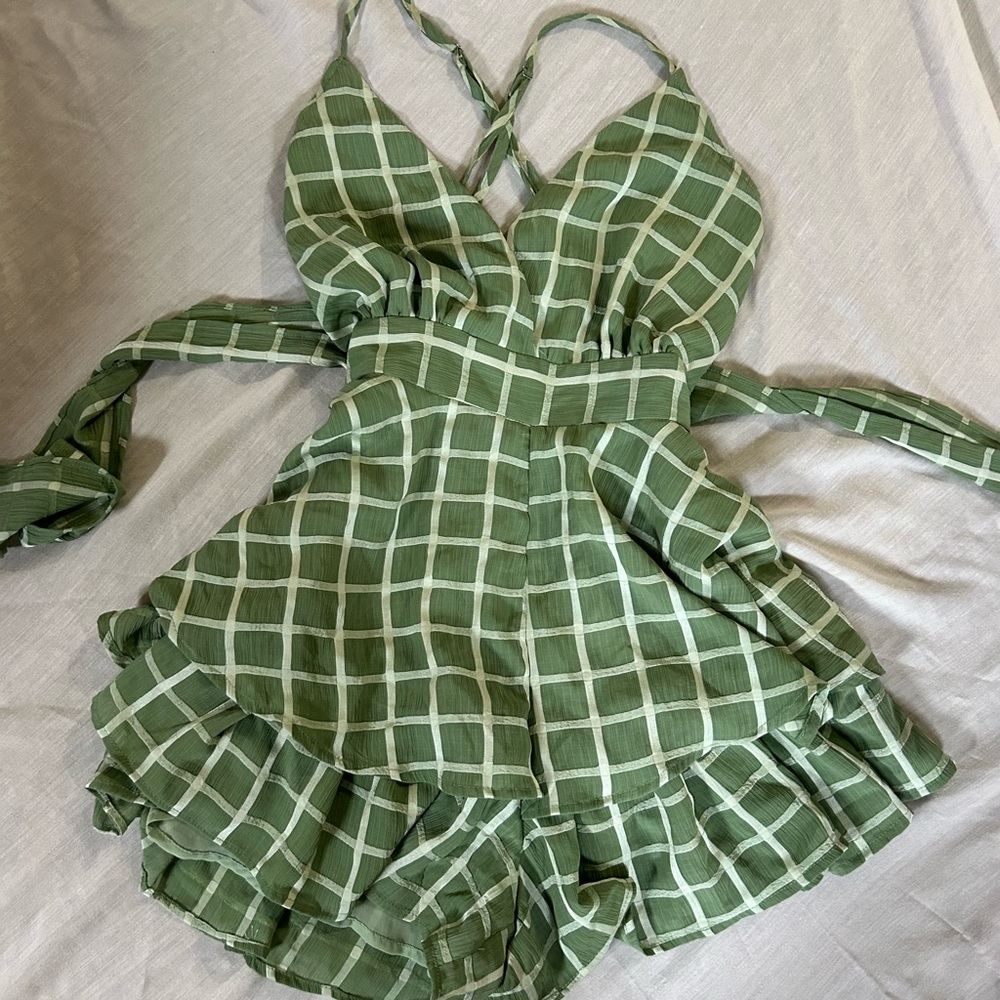 Style Rack Green Sundress with Ruffled Hem and Plunge Neckline